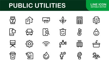 Kamu Hizmetleri Simgesi Paketi. Enerji, Su Kaynakları, Atık Yönetimi ve Kentsel Altyapı için Temiz, Düzenlenebilir Satır Simgeleri