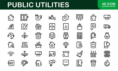 Kamu Hizmetleri Simgesi Paketi. Enerji, Su Kaynakları, Atık Yönetimi ve Kentsel Altyapı için Temiz, Düzenlenebilir Satır Simgeleri