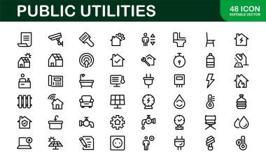 Kamu Hizmetleri Simgesi Paketi. Enerji, Su Kaynakları, Atık Yönetimi ve Kentsel Altyapı için Temiz, Düzenlenebilir Satır Simgeleri