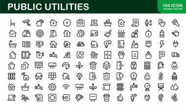 Kamu Hizmetleri Simgesi Paketi. Enerji, Su Kaynakları, Atık Yönetimi ve Kentsel Altyapı için Temiz, Düzenlenebilir Satır Simgeleri