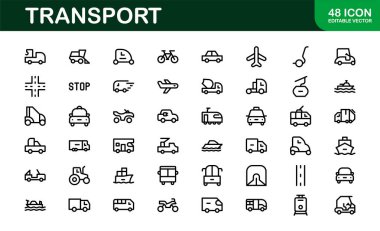 Kapsamlı Ulaşım Simgesi Paketi. Düzenlenebilir, Sevkiyat, Lojistik, Toplu Taşıma ve Seyahat Projeleri Minimalist Satır Simgeleri.