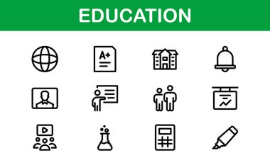 Eğitim Simgesi Ayarlandı. Modern ve Minimalist Öğrenme, Öğretim, Okul ve Dijital Eğitim Aletleri Simgeleri