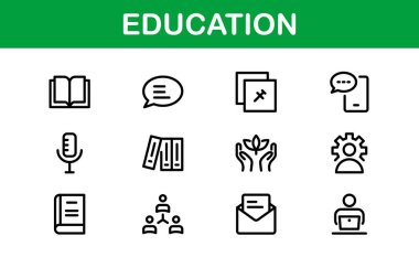 Eğitim Simgesi Ayarlandı. Modern ve Minimalist Öğrenme, Öğretim, Okul ve Dijital Eğitim Aletleri Simgeleri