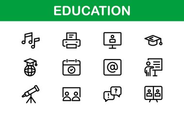 Eğitim Simgesi Ayarlandı. Modern ve Minimalist Öğrenme, Öğretim, Okul ve Dijital Eğitim Aletleri Simgeleri