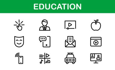 Eğitim Simgesi Ayarlandı. Modern ve Minimalist Öğrenme, Öğretim, Okul ve Dijital Eğitim Aletleri Simgeleri