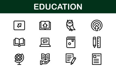 Eğitim Simgesi Ayarlandı. Modern ve Minimalist Öğrenme, Öğretim, Okul ve Dijital Eğitim Aletleri Simgeleri