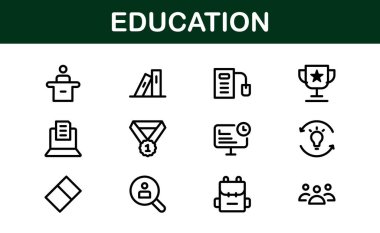 Eğitim Simgesi Ayarlandı. Modern ve Minimalist Öğrenme, Öğretim, Okul ve Dijital Eğitim Aletleri Simgeleri