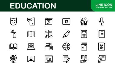 Eğitim Simgesi Ayarlandı. Modern ve Minimalist Öğrenme, Öğretim, Okul ve Dijital Eğitim Aletleri Simgeleri