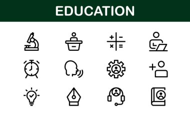 Eğitim Simgesi Ayarlandı. Modern ve Minimalist Öğrenme, Öğretim, Okul ve Dijital Eğitim Aletleri Simgeleri