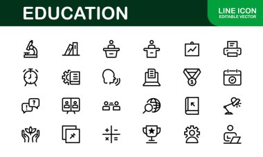 Eğitim Simgesi Ayarlandı. Modern ve Minimalist Öğrenme, Öğretim, Okul ve Dijital Eğitim Aletleri Simgeleri