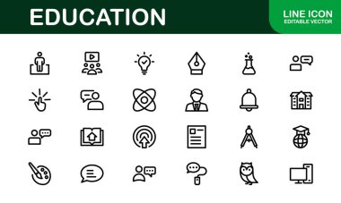 Eğitim Simgesi Ayarlandı. Modern ve Minimalist Öğrenme, Öğretim, Okul ve Dijital Eğitim Aletleri Simgeleri