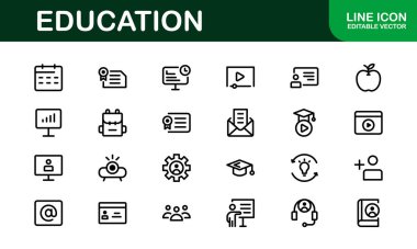 Eğitim Simgesi Ayarlandı. Modern ve Minimalist Öğrenme, Öğretim, Okul ve Dijital Eğitim Aletleri Simgeleri