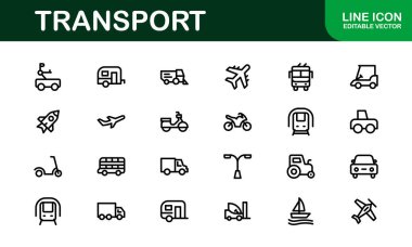 Comprehensive Transport Icon Pack. Editable, Minimalist Line Icons for Shipping, Logistics, Public Transport, and Travel Projects. clipart