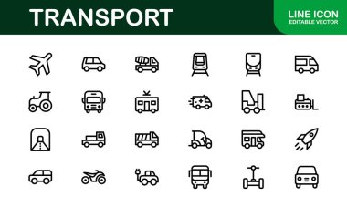 Comprehensive Transport Icon Pack. Editable, Minimalist Line Icons for Shipping, Logistics, Public Transport, and Travel Projects. clipart