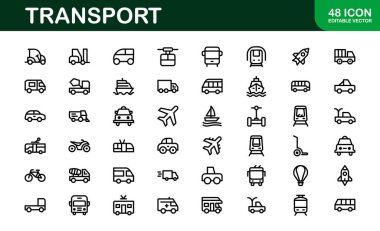 Kapsamlı Ulaşım Simgesi Paketi. Düzenlenebilir, Sevkiyat, Lojistik, Toplu Taşıma ve Seyahat Projeleri Minimalist Satır Simgeleri.