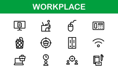 Modern Workplace Icon Set. Professional Icons for Office, Collaboration, Productivity, and Business Tools in Minimalist and Outline Styles. clipart