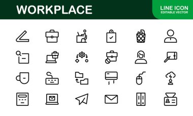 Modern İşyeri Simgesi Seti. Ofis, İşbirliği, Üretim ve Minimalist ve Taslak Biçimlerde İş Araçları İçin Profesyonel Simgeler.