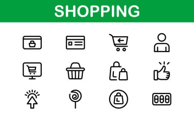 Premium Alışveriş Simgeleri. Düz ve Hat Biçimlerinde Düzenlenebilir ve Temiz Tasarımlar, Çevrimiçi Alışveriş, Araç, Ödeme ve Teslimat Hizmetleri.