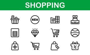 Premium Alışveriş Simgeleri. Düz ve Hat Biçimlerinde Düzenlenebilir ve Temiz Tasarımlar, Çevrimiçi Alışveriş, Araç, Ödeme ve Teslimat Hizmetleri.