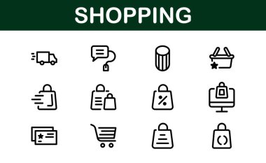 Premium Alışveriş Simgeleri. Düz ve Hat Biçimlerinde Düzenlenebilir ve Temiz Tasarımlar, Çevrimiçi Alışveriş, Araç, Ödeme ve Teslimat Hizmetleri.