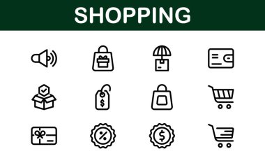 Premium Alışveriş Simgeleri. Düz ve Hat Biçimlerinde Düzenlenebilir ve Temiz Tasarımlar, Çevrimiçi Alışveriş, Araç, Ödeme ve Teslimat Hizmetleri.