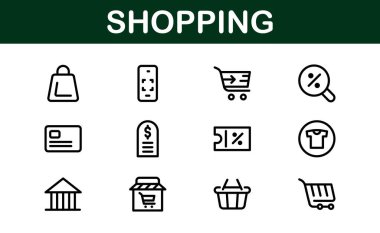 Premium Alışveriş Simgeleri. Düz ve Hat Biçimlerinde Düzenlenebilir ve Temiz Tasarımlar, Çevrimiçi Alışveriş, Araç, Ödeme ve Teslimat Hizmetleri.