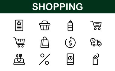 Premium Alışveriş Simgeleri. Düz ve Hat Biçimlerinde Düzenlenebilir ve Temiz Tasarımlar, Çevrimiçi Alışveriş, Araç, Ödeme ve Teslimat Hizmetleri.