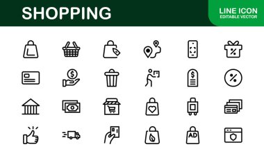 Premium Alışveriş Simgeleri. Düz ve Hat Biçimlerinde Düzenlenebilir ve Temiz Tasarımlar, Çevrimiçi Alışveriş, Araç, Ödeme ve Teslimat Hizmetleri.