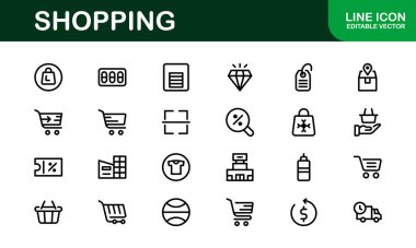 Premium Alışveriş Simgeleri. Düz ve Hat Biçimlerinde Düzenlenebilir ve Temiz Tasarımlar, Çevrimiçi Alışveriş, Araç, Ödeme ve Teslimat Hizmetleri.