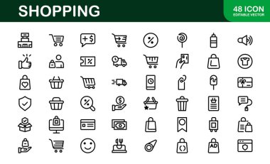 Premium Alışveriş Simgeleri. Düz ve Hat Biçimlerinde Düzenlenebilir ve Temiz Tasarımlar, Çevrimiçi Alışveriş, Araç, Ödeme ve Teslimat Hizmetleri.