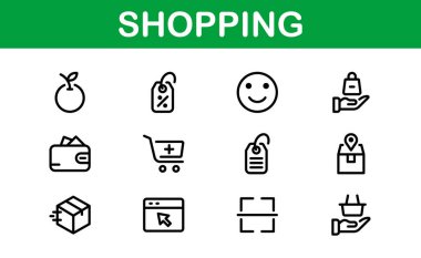 Premium Alışveriş Simgeleri. Düz ve Hat Biçimlerinde Düzenlenebilir ve Temiz Tasarımlar, Çevrimiçi Alışveriş, Araç, Ödeme ve Teslimat Hizmetleri.