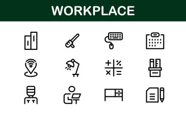 Modern Workplace Icon Set. Professional Icons for Office, Collaboration, Productivity, and Business Tools in Minimalist and Outline Styles. clipart