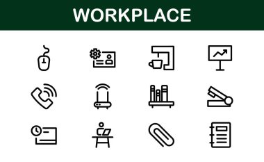 Modern Workplace Icon Set. Professional Icons for Office, Collaboration, Productivity, and Business Tools in Minimalist and Outline Styles. clipart