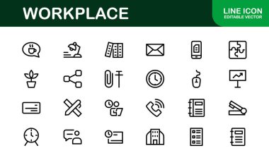 Modern İşyeri Simgesi Seti. Ofis, İşbirliği, Üretim ve Minimalist ve Taslak Biçimlerde İş Araçları İçin Profesyonel Simgeler.