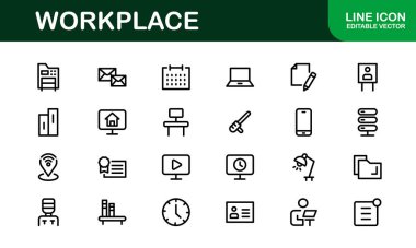 Modern İşyeri Simgesi Seti. Ofis, İşbirliği, Üretim ve Minimalist ve Taslak Biçimlerde İş Araçları İçin Profesyonel Simgeler.
