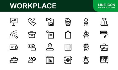 Modern Workplace Icon Set. Professional Icons for Office, Collaboration, Productivity, and Business Tools in Minimalist and Outline Styles. clipart