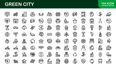 Çevre Yeşil Şehir Simgesi Seti. Sürdürülebilirlik, Akıllı Şehirler ve Çevre Koruma Projeleri İçin Minimalist Satır Simgeleri