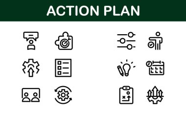 Eylem Planı Simgesi Ayarlandı. İş Akışı, İş Stratejisi ve Üretim Araçları İçin Temiz, Profesyonel Grafikler