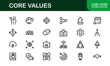 Çekirdek Değerleri Simgesi Paketi. Bütünlük, İşbirliği, Yenilik ve Şirket Markalaşması için Profesyonel Satır Sanatı