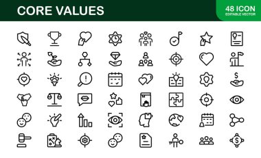 Çekirdek Değerleri Simgesi Paketi. Bütünlük, İşbirliği, Yenilik ve Şirket Markalaşması için Profesyonel Satır Sanatı