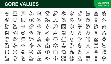 Çekirdek Değerleri Simgesi Paketi. Bütünlük, İşbirliği, Yenilik ve Şirket Markalaşması için Profesyonel Satır Sanatı