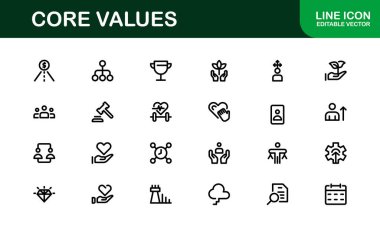 Çekirdek Değerleri Simgesi Paketi. Bütünlük, İşbirliği, Yenilik ve Şirket Markalaşması için Profesyonel Satır Sanatı