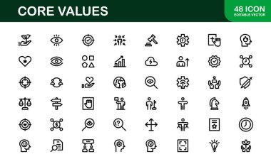 Çekirdek Değerleri Simgesi Paketi. Bütünlük, İşbirliği, Yenilik ve Şirket Markalaşması için Profesyonel Satır Sanatı