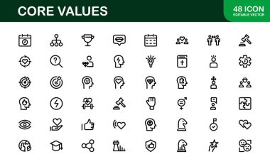 Çekirdek Değerleri Simgesi Paketi. Bütünlük, İşbirliği, Yenilik ve Şirket Markalaşması için Profesyonel Satır Sanatı