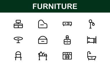 İç mimarlar için mobilya ikonları. Modern, Klasik ve Minimalist Mobilyalar için Ölçeklenebilir Grafikler