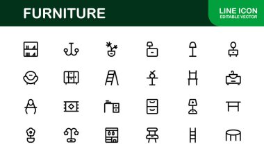 İç mimarlar için mobilya ikonları. Modern, Klasik ve Minimalist Mobilyalar için Ölçeklenebilir Grafikler
