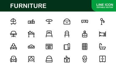 İç mimarlar için mobilya ikonları. Modern, Klasik ve Minimalist Mobilyalar için Ölçeklenebilir Grafikler