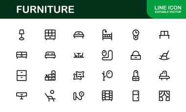 İç mimarlar için mobilya ikonları. Modern, Klasik ve Minimalist Mobilyalar için Ölçeklenebilir Grafikler