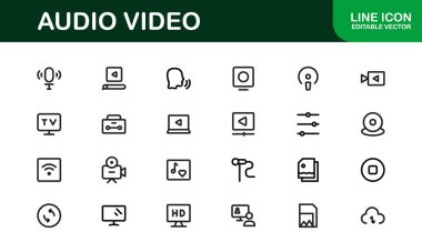 Ses Görüntü Simgesi Paketi. Müzik, Film, Podcast ve İçerik Oluşturma İçin Ölçeklenebilir Çizimler