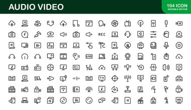 Ses Görüntü Simgesi Paketi. Müzik, Film, Podcast ve İçerik Oluşturma İçin Ölçeklenebilir Çizimler